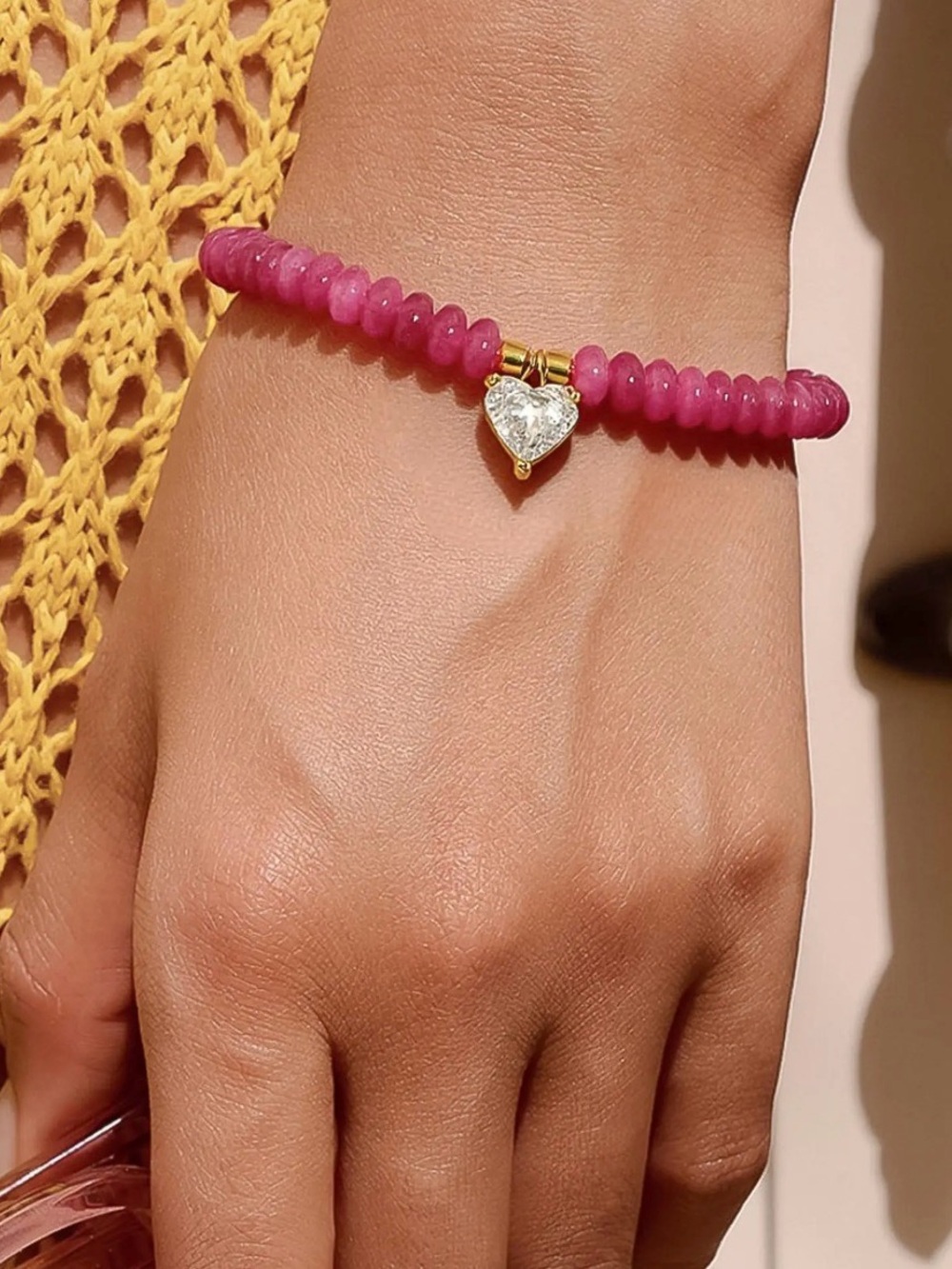 “Pink Crush” 18K Gold Plated Natural Stone CZ Heart Bracelet